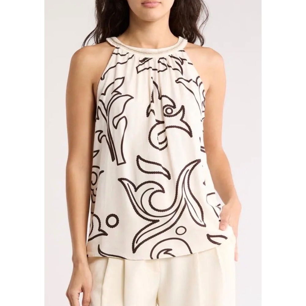 Love By Design Nashville Top Natural Black Scroll Print Halter Blouse MSW8352616